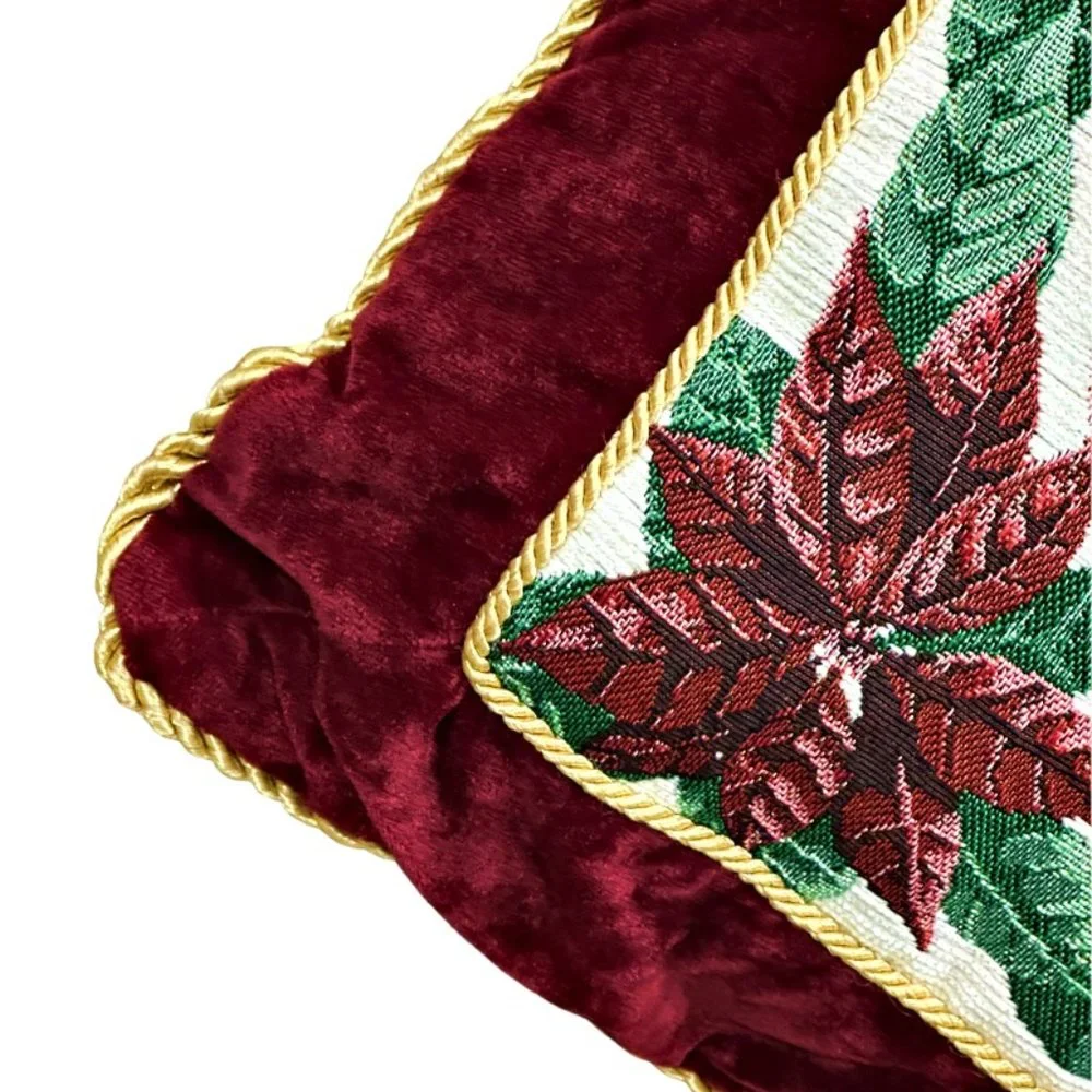 Platinum Couture Christmas Pillow Stitched Poinsettias Tapestry Velvet Gold Cord